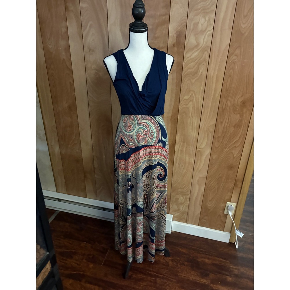 Gilli Womens Navy Blue Paisley‎ Print Sleeveless V-Neck Maxi Dress Bohemian S